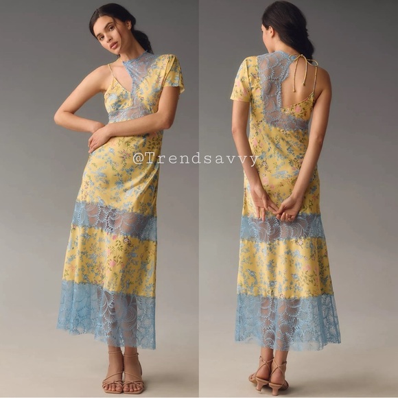 geisha designs asymmetrical lace mix slip maxi dress Giulia Lace Maxi Dress